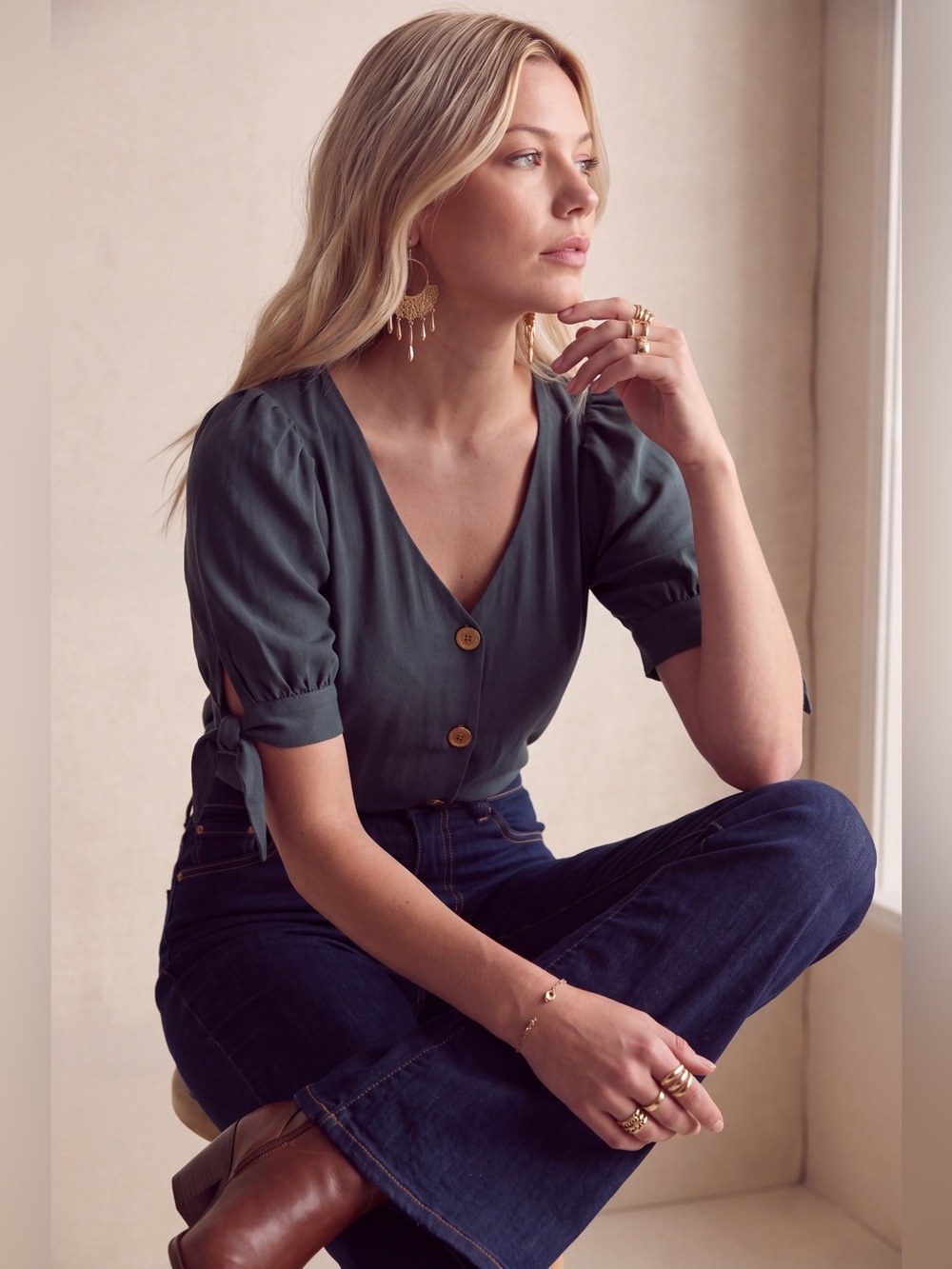 LC Lauren Conrad Teal Button-Front Puff Sleeve Blouse